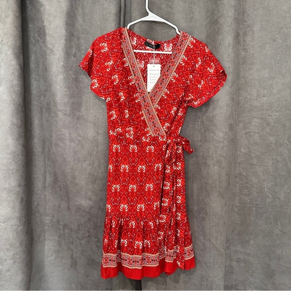 Boho Wrap Dress Red Floral V-Neck Flutter Sleeve Ruffle Hem Cottagecore S FLOWY - Picture 3 of 13
